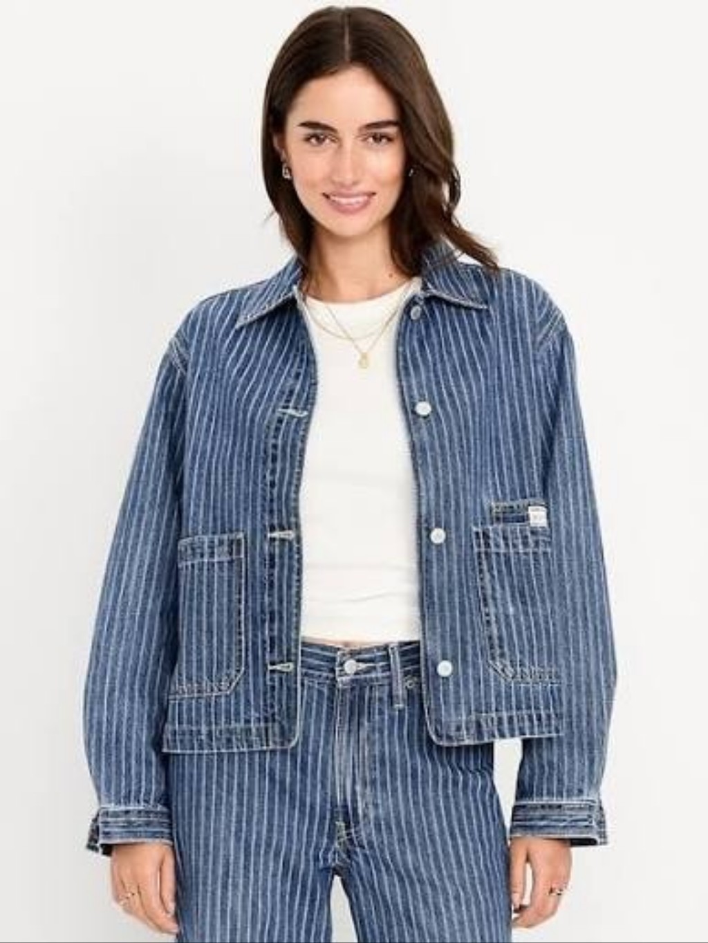 Old Navy #863931 Women's Cropped Jean Chore Jacket Blue Stripes Nwt